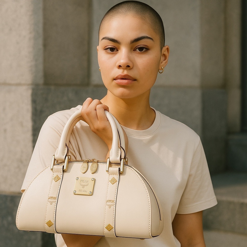 MCM White Satchel with Gold Accents